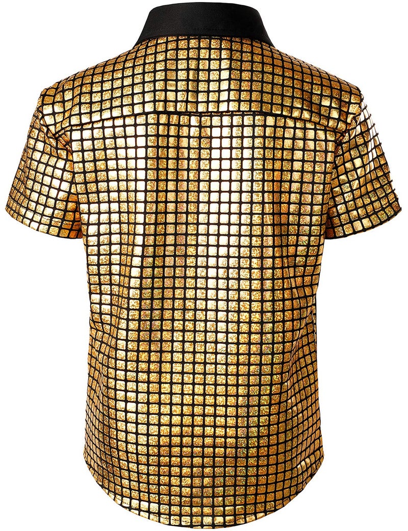 JOGAL Boy's Dress Shirt Sequins Button Down Shirts 70s Disco Party Costume 8 Gold - Image 2